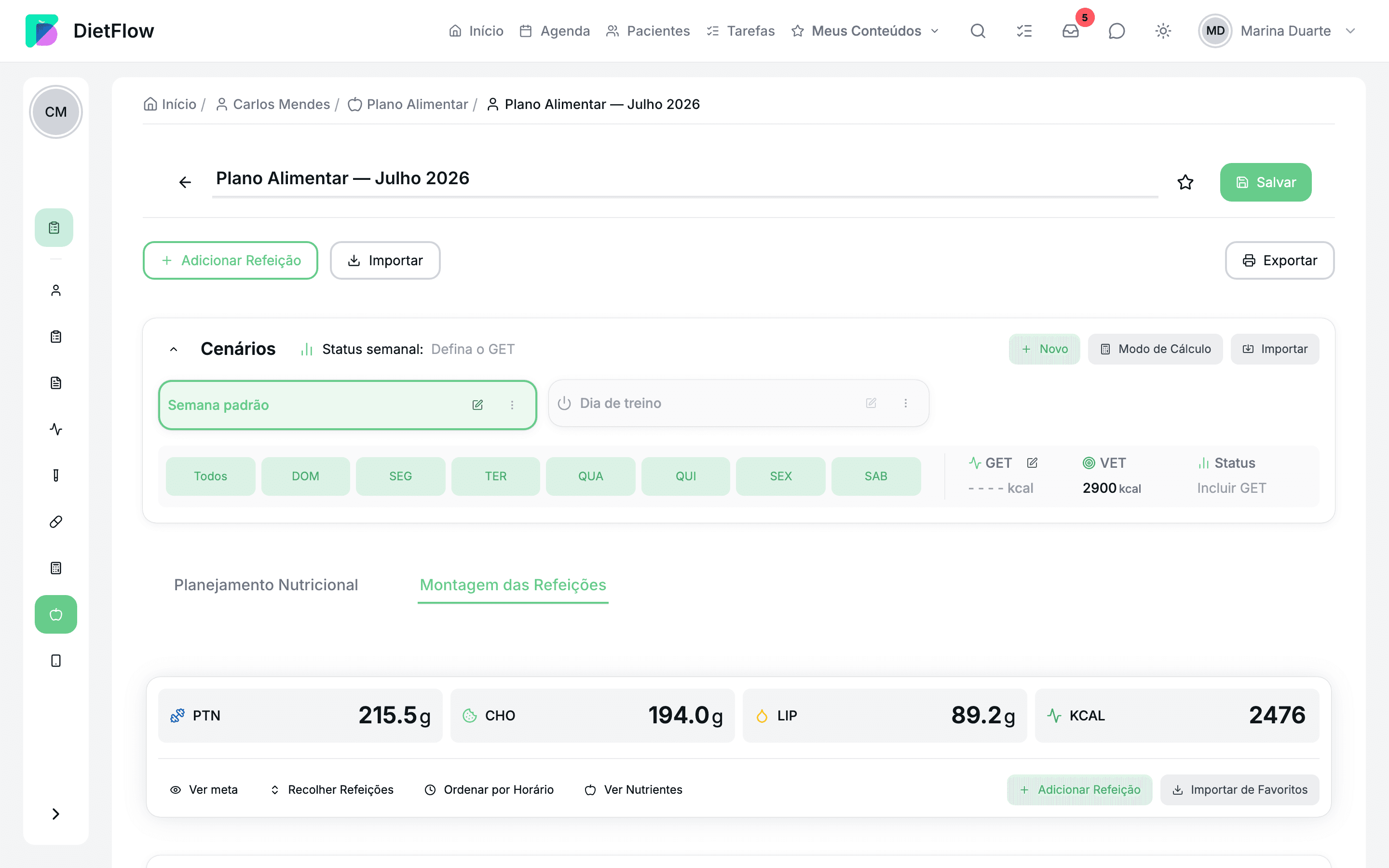Plano alimentar no DietFlow